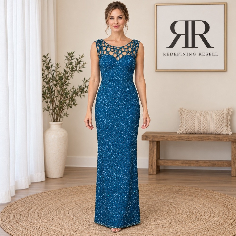Scala Silk Beaded Gown Teal Blue Lattice Neckline Maxi Dress Small Formal Gown